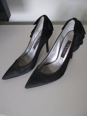 Nina NY Womens Black Satin Dressy 3.5" Pointy Pump w/Ruffle Satin Bow - 6M